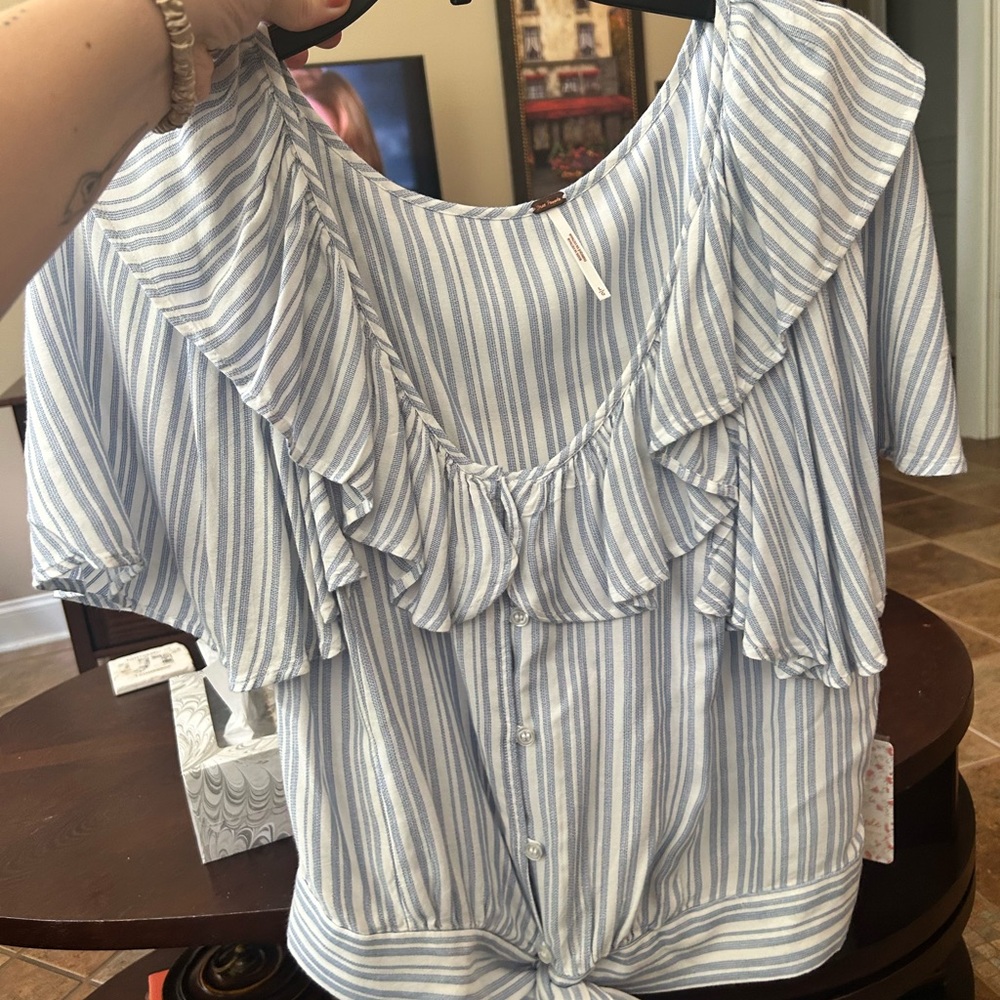 Free People Blue and White Striped Ruffle Blouse